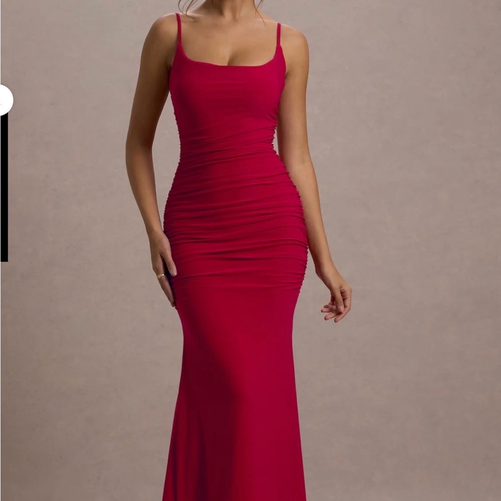 Chic Red Rusched Fishtail Cami Maxi Dress